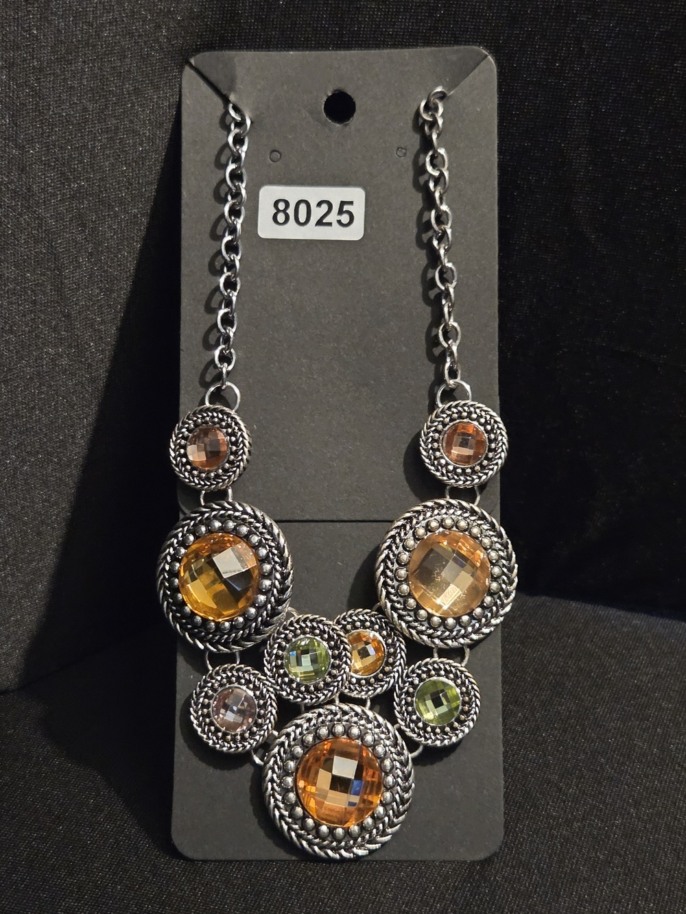 Statement Silver-Tone Necklace with Amber and Green Stones